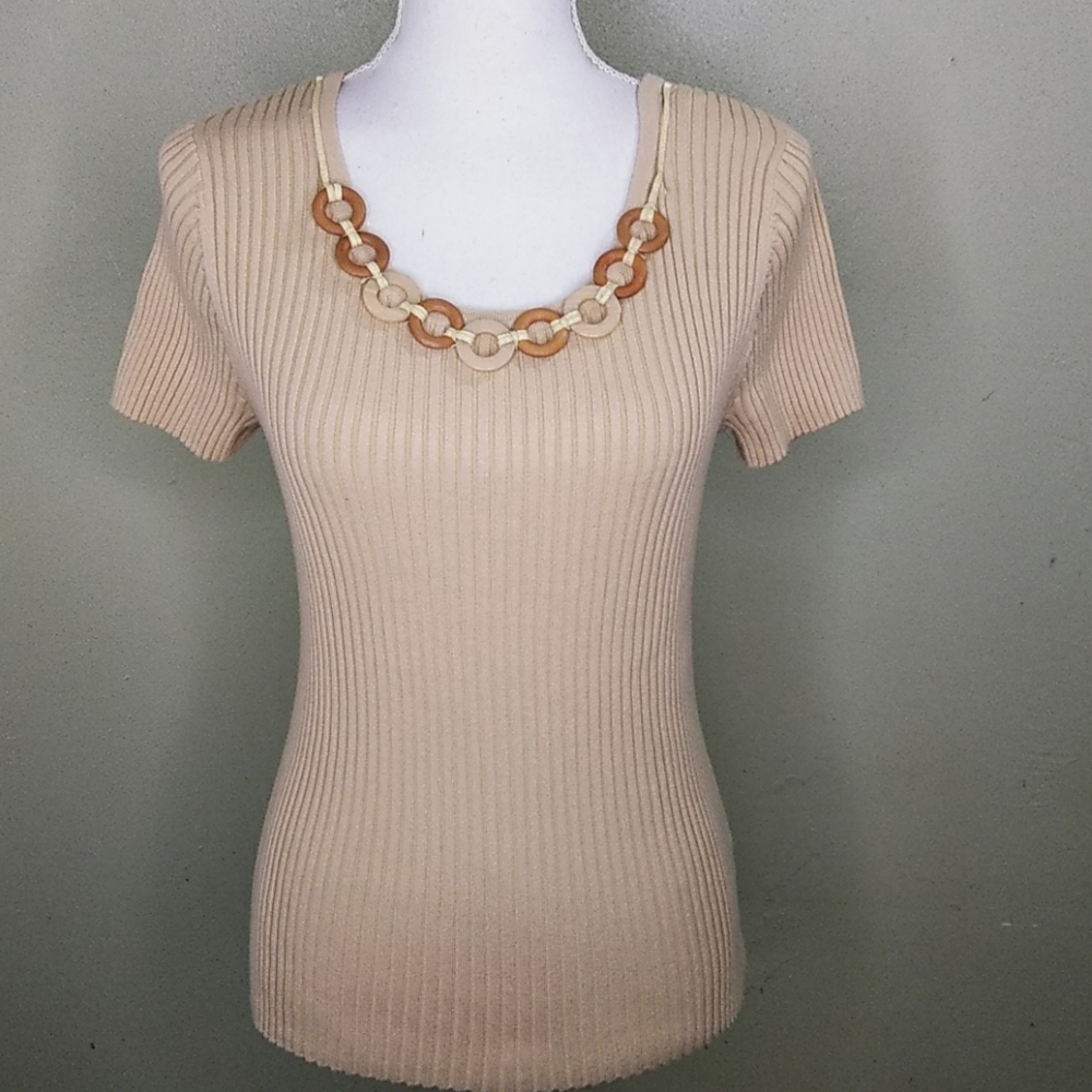 R.Q.T. Beige Ribbed Knit Top w/Faux Necklace - PL - NWT